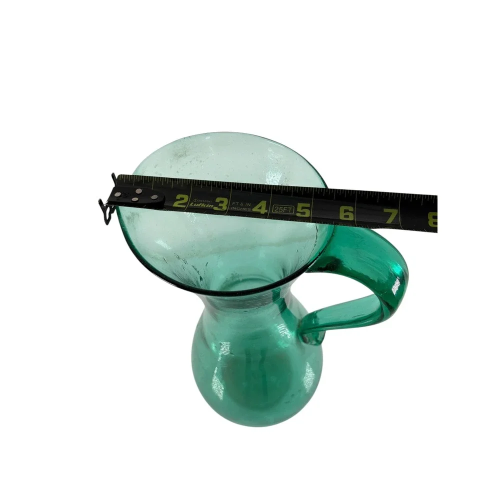 Unbranded Glass Pitcher Unisex 12.5in Teal Green Excellent Hand Blown Seeded MCM